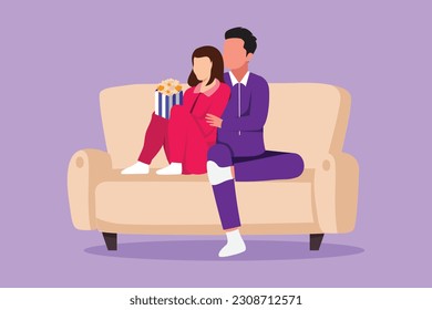 Cartoon flat style drawing romantic couple at home resting on couch watching movie and eating popcorn. Domestic relax evening. Happy man and cute woman on cozy sofa. Graphic design vector illustration