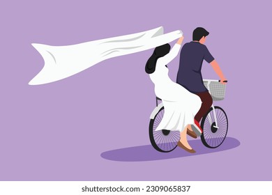 Dibujo de estilo plano de caricatura de pareja árabe romántica divirtiéndose en bicicleta de dátiles. Vista posterior de la romántica pareja adolescente monta en bicicleta por la noche. Hombre y mujer enamorados. Ilustración vectorial de diseño gráfico