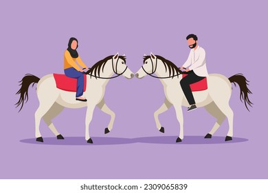 Cartoon flat style drawing romantic Arabian couple in love riding horse together at meadow. Man and woman meet for dating with ride horse. Engagement, love relation. Graphic design vector illustration