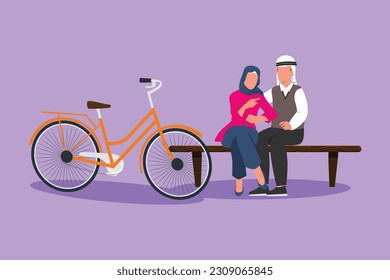 Cartoon flat style drawing romantic couple chatting while sitting on bench. Arab teenage couple ride bike and take a rest at city park. Young man and woman in love. Graphic design vector illustration