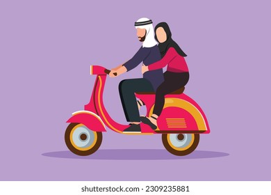 Cartoon flat style drawing romantic Arab couple riding motorcycle  Man driving scooter   woman passenger while hugging  Driving around city  Drive safely concept  Graphic design vector illustration