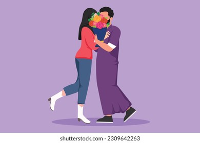 Cartoon flat style drawing romantic Arab couple hugging and kissing each other behind bouquet of flowers. Happy man and cute woman celebrating wedding anniversary. Graphic design vector illustration