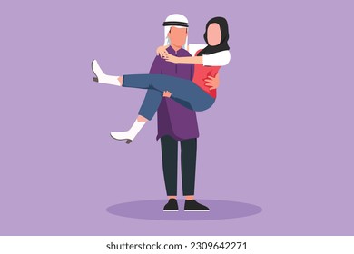 Dibujo de una mujer árabe romántica enamorada besándose en un macho abdominal. Hombre feliz llevando una mujer de belleza celebrando el aniversario de la boda. Hermosa pareja romántica. Ilustración vectorial de diseño gráfico