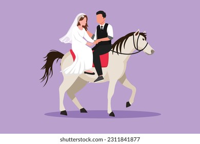 Caricatura de estilo plano dibujando a pareja romántica casada enamorada montando a caballo. Feliz hombre apuesto y mujer de belleza preparándose para la boda. Compromiso y relación de amor. Ilustración vectorial de diseño gráfico