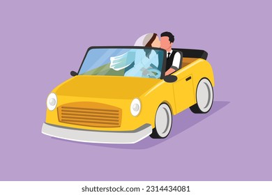 Cartoon flat style drawing romantic married couple riding car going on road trip. Man and woman driving in cabriolet car with wedding dress for honeymoon vacation. Graphic design vector illustration