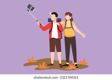 Cartoon flat style drawing of romantic couple tourist with backpack taking selfie over beautiful nature landscape background. Young man and woman hiking nature trip. Graphic design vector illustration