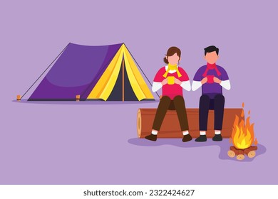 Cartoon flat style drawing romantic couple hikers sitting on log of wood near campfire in forest. Man and woman drinking hot tea, coffee, camping gear and backpack. Graphic design vector illustration