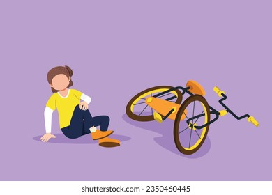 Cartoon flat style drawing sad pretty little girl hurt fallen off the bicycle. Broken bicycle. Kids fallen from bike unhappy children. Bike accident at city street. Graphic design vector illustration