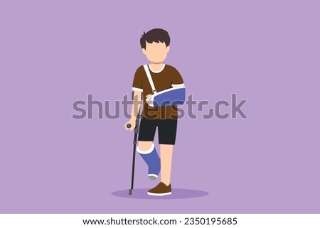 Cartoon flat style drawing of sad injured kids with broken arm and leg in gypsum. Full length of upset injured little boy standing on crutches in medical hospital. Graphic design vector illustration