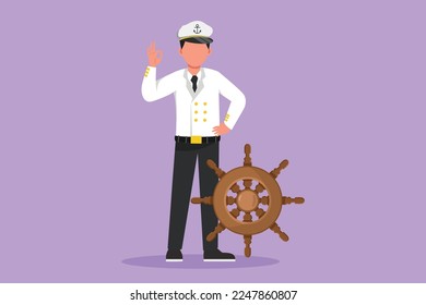 Cartoon flat style drawing sailor man standing with okay gesture to be part of cruise ship, carrying passengers traveling across seas. Male sailor on duty in ocean. Graphic design vector illustration