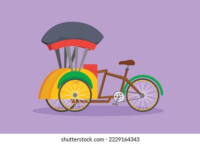 Cartoon flat style drawing side view of pedicab with three wheels and the front passenger seat and the driver controls at the rear. Traditional transportation. Graphic draw design vector illustration