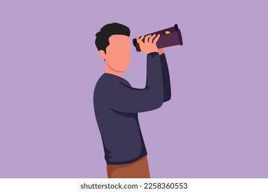 Cartoon flat style drawing side view of young man looking in distance with binoculars. Enjoy beauty of nature as far as the eye can see. Find something interesting. Graphic design vector illustration