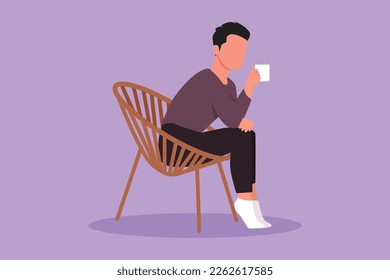 Cartoon flat style drawing side view of relaxed guy sitting in lounge chair, watching TV in free time with coffee at home. Tea time or take break after office hour. Graphic design vector illustration