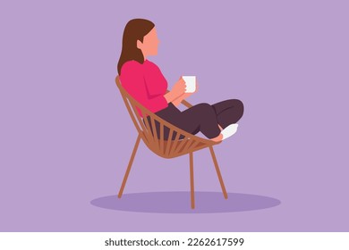 Cartoon flat style drawing side view of relaxed beauty woman sitting in lounge chair, enjoying free time with hot coffee. Tea time or take break after office hour. Graphic design vector illustration