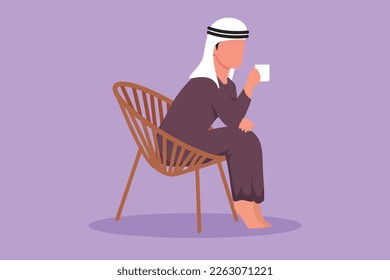 Cartoon flat style drawing side view of relaxed Arabian guy sitting in lounge chair, watching TV in free time with coffee. Tea time or take break after office hour. Graphic design vector illustration