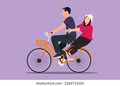 Cartoon flat style drawing side view of couple have fun riding on bike. Romantic cycling couple holding hands. Husband and wife riding bike together on wedding day. Graphic design vector illustration