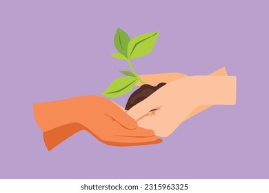 Cartoon flat style drawing side view of two hands holding together a green young plant. Hand holding tree on nature field grass symbol. Forest conservation concept. Graphic design vector illustration