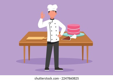 Dibujo de caricatura de estilo plano, chef experto con buen gesto y uniforme de cocina prepara los ingredientes para cocinar los mejores platos. Chef masculino con mesa y pasteles. Ilustración vectorial de diseño gráfico