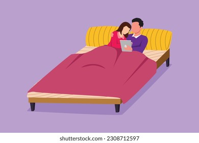 Cartoon flat style drawing of sleepy wife and husband hugging and lying on bed. Couple sleeping on bed together during night rest. Romantic couple resting at night. Graphic design vector illustration