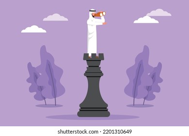 Cartoon flat style drawing smart Arabian businessman on top of big rook chess piece using telescope looking for success, goals opportunities, future business trends. Graphic design vector illustration