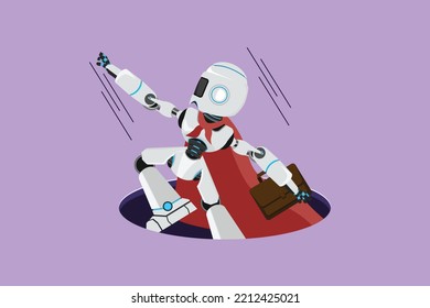 Cartoon flat style drawing smart robot with wing and briefcase coming out of holes. Financial rising, tech business growth. Modern robotic artificial intelligence. Graphic design vector illustration