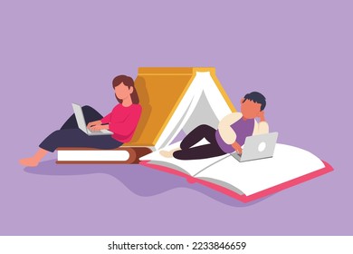 Cartoon flat style drawing smart couple with laptop computer leaning on pile of book together. Freelance, distance learning, online courses. Man and woman studying. Graphic design vector illustration