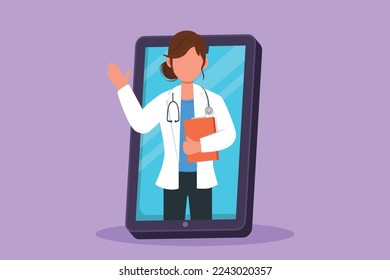 Cartoon flat style drawing smart female doctor come out of smartphone screen holding clipboard. Online medical app service. Digital healthcare consultation metaphor. Graphic design vector illustration