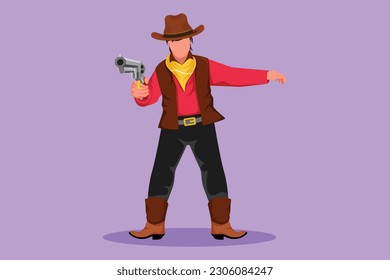 Cartoon flach gezeichnet kluger Cowboy hält seine Waffe und die Waffen voraus. Stilvoll gezogene Westschweisspistole, die eine Waffe hält. Vintage-Waffen für Selbstverteidigung. Grafikdesign, Vektorgrafik