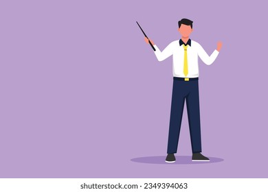 Cartoon flat style drawing smart school male teacher. Man in tidy shirt, tie and standing with pointer. Lecturer, professor, instructor, businessman for educational. Graphic design vector illustration