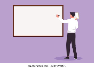 Cartoon flat style drawing smart business school professor teaching, explaining and writing formula on chalkboard. Successful business man teacher standing at class. Graphic design vector illustration