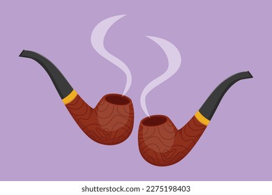 Cartoon flat style drawing smoking pipe with smoke template logo label sticker icon symbol. Tobacco pipe isolated. Tube for smoking tobacco. Personal smoking pipe. Graphic design vector illustration