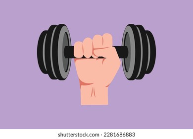 Dibujo plano de caricatura de mano fuerte levantando dumbbell de acero aislado. Barbell y puño de mano fuerte. Plantilla para icono deportivo, símbolo, logotipo u otra marca. Ilustración vectorial de diseño gráfico