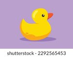 Cartoon flat style drawing stylized cute bath duck toys logo, icon, label, sticker, card. Rubber bath duck for baby bathtub. Symbol of children department in store. Graphic design vector illustration