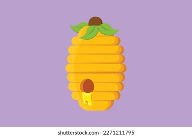 Cartoon flat style drawing of stylized bee hive with sweet honey drip from honeycomb. Natural healthy food concept. Organic supplement logotype, label, logo, symbol. Graphic design vector illustration