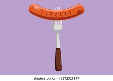 Cartoon flat style drawing stylized sausage on fork logotype, label, sticker, symbol. Cooked hot fried sausage. Grill picnic template. For restaurant or cafe menu. Graphic design vector illustration