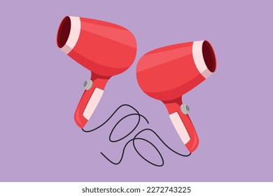 Cartoon flat style drawing of stylized electric hair dryer household utensil. Electronic hair blower home appliance template, label, sticker, card, symbol, logotype. Graphic design vector illustration