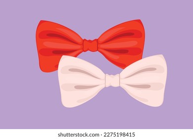 Cartoon flat style drawing of stylized red and white bow tie logotype, template. Hipster accessory. Realistic formal wear for official event. Elegant clothes object. Graphic design vector illustration