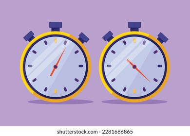 Cartoon flat style drawing stylized stopwatch, special watch to start, stop, measure. Sport and competition equipment. Timer return arrow icon, logo, label, symbol. Graphic design vector illustration