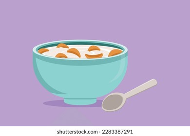 Cartoon flat style drawing stylized bowl of cereal breakfast with fresh milk. Healthy whole wheat food concept. Health food nutrition. For flyer, icon, logo, symbol. Graphic design vector illustration