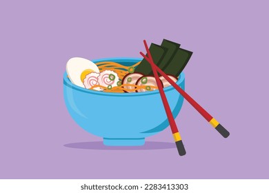 Cartoon flat style drawing stylized Japanese ramen logo, label, sticker, symbol. Emblem fast food noodle restaurant concept for cafe shop or food delivery service. Graphic design vector illustration - Shutterstock ID 2283413303
