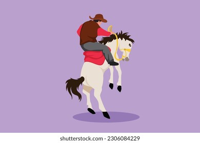 Cartoon flat style drawing stylized cowboy taming wild horse at rodeo. Strong and brave cowboy on wild horse mustang. Rodeo cowboy riding wild horse on wooden sign. Graphic design vector illustration