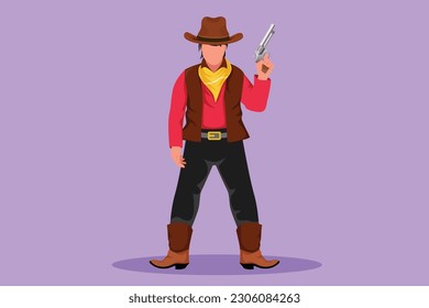 Dibujo plano de caricatura de vaquero estilizado con sombrero sosteniendo su arma con una mano. El estilo inteligente estadounidense de los pistoleros sostiene el concepto de pistola. Armas de autodefensa. Ilustración vectorial de diseño gráfico
