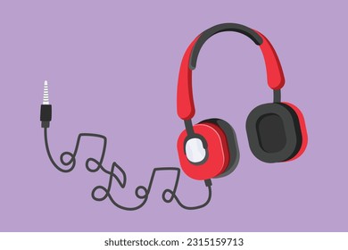 Dibujo plano de caricatura de audífonos estilizados con artilugio musical y nota. Esbozo de contorno de audífono de audio con notas musicales. Concepto de arte plano de símbolo musical. Ilustración vectorial de diseño gráfico