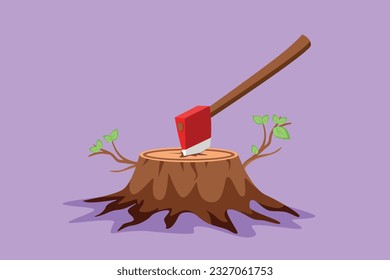 Cartoon flat style drawing stylized hatchet in a tree stump. Tree stump with an axe stuck. Forest, camping concept. Axe in stuck at stump logo, icon, label, symbol. Graphic design vector illustration