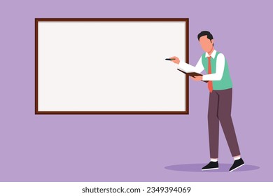 Cartoon flat style drawing successful business man teacher standing in front of the white board, holding book and writing business plan strategy and tactics theory. Graphic design vector illustration