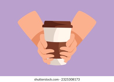 Cartoon flat style drawing take away retro or vintage stylized human hands hold paper cup of hot coffee. Coffee break refreshment from work. Zero waste of beverage. Graphic design vector illustration