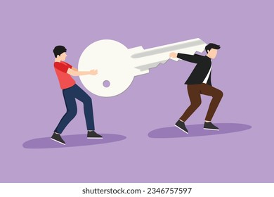 Cartoon flat style drawing teamwork, coworking, cooperation, partnership, business concept. Team of businessmen partners coworkers managers holding big key together. Graphic design vector illustration