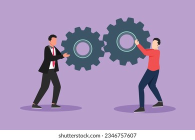 Caricatura de estilo plano de dibujo cooperación en equipo en el mecanismo de engranajes. Dos empresarios colaboraron en la dirección de los negocios para lograr el éxito. Máquina enorme de ruedas cognoscitivas. Ilustración vectorial de diseño gráfico
