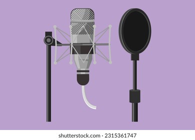 Cartoon flat style drawing technology object, sound recording equipment concept. Studio silver microphone and black pop shield on mic stand logo icon, label, symbol. Graphic design vector illustration