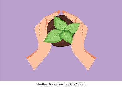 Cartoon flat style drawing top view two hands carrying bag of potting seedlings to be planted into soil. Environment earth day in hands of trees growing seedlings. Graphic design vector illustration